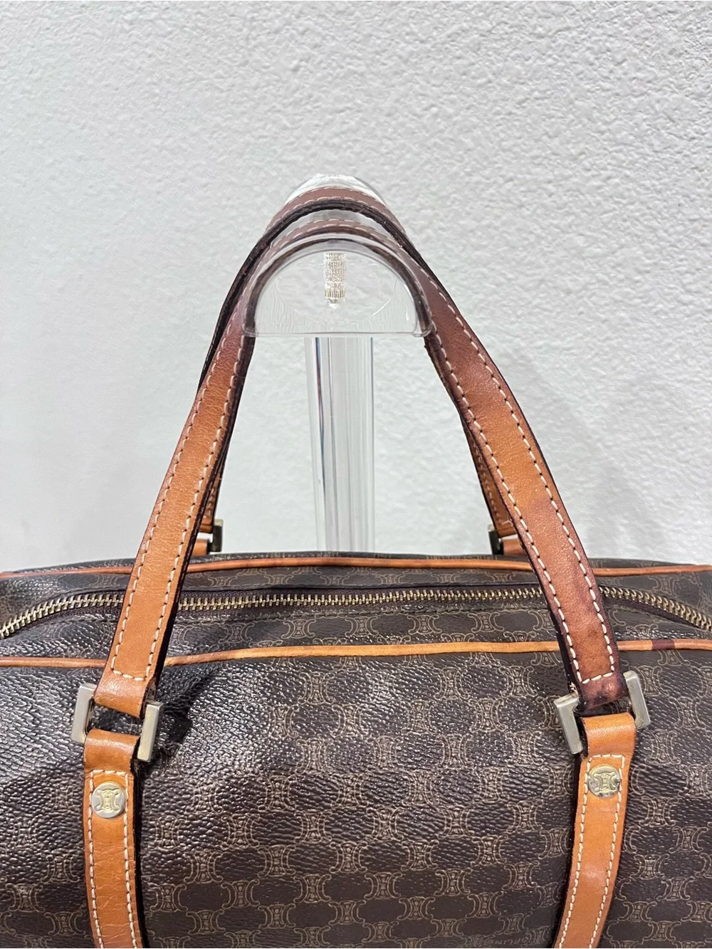 CELINE BROWN MACADAM COATED CANVAS BOSTON BAG